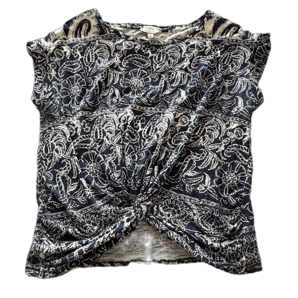 Lucky Brand Paisley Print Knot Front Top Size Small Blue Boho Short Sleeve